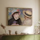 Gold floater framed canvas of Boating Couple (Aline Charigot and Renoir), c. 1881 by Pierre-Auguste Renoir, featuring an intimate portrait of man and woman sitting side by side in outdoor setting above a sideboard in a softly lit hallway.