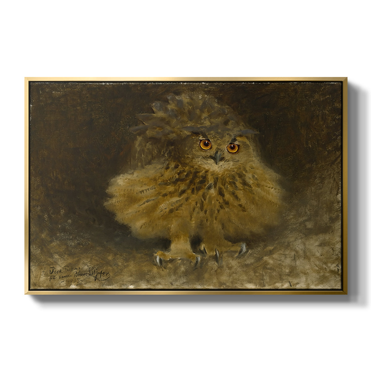 An Eagle Owl (Berguv), 1905 by Bruno Liljefors in a gold floater framed canvas wall art display.
