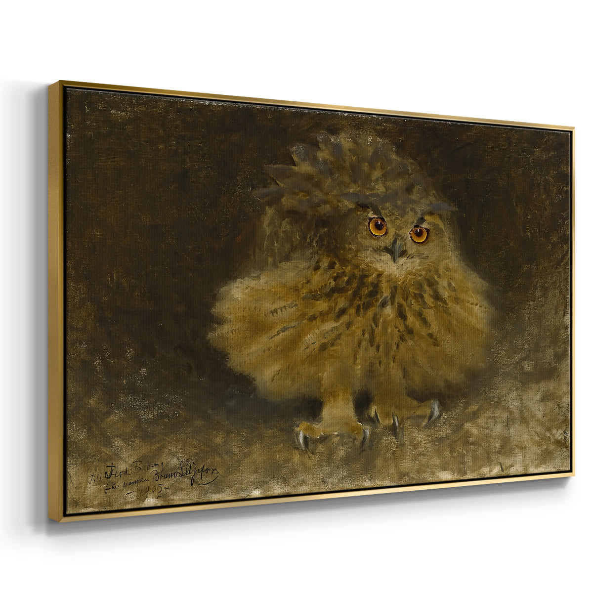 Angled view of An Eagle Owl (Berguv), 1905 by Bruno Liljefors in a gold floater framed canvas.