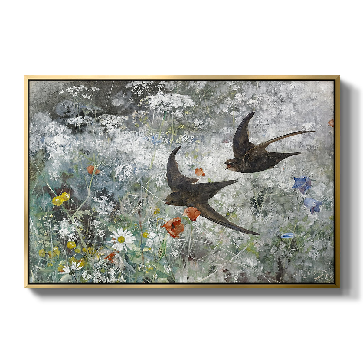 Common Swifts, 1886 by Bruno Liljefors in a gold floater framed canvas wall art display.