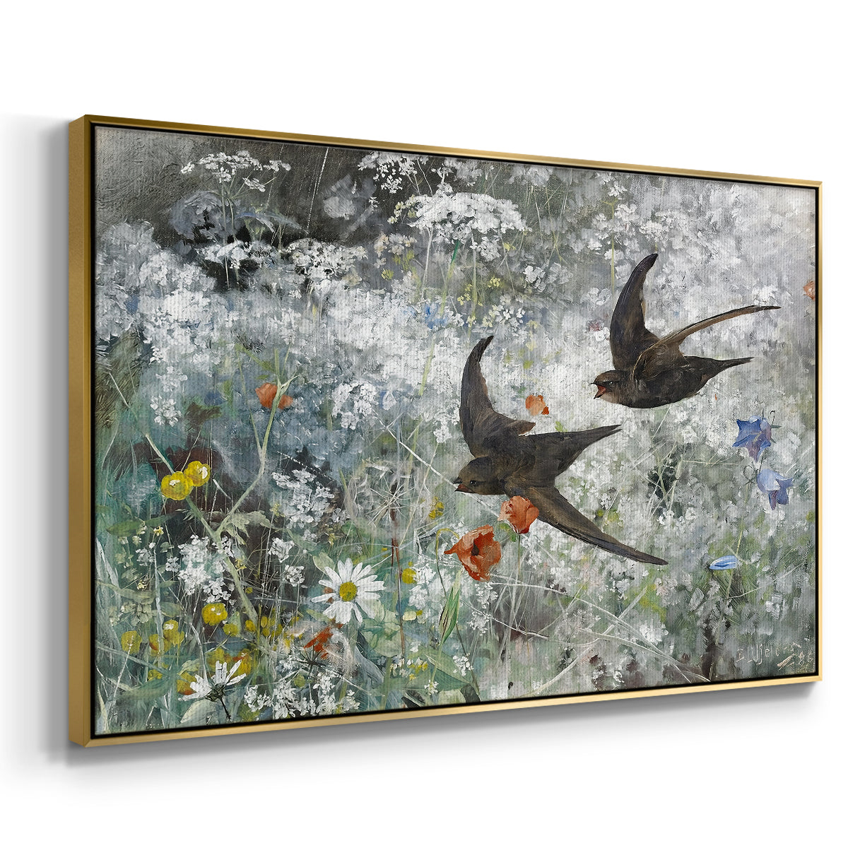 Angled view of Common Swifts, 1886 by Bruno Liljefors in a gold floater framed canvas.