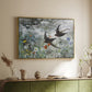 Gold floater framed canvas of Common Swifts, 1886 by Bruno Liljefors, featuring swifts gliding midair with wings spread against soft sky above a sideboard in a softly lit hallway.