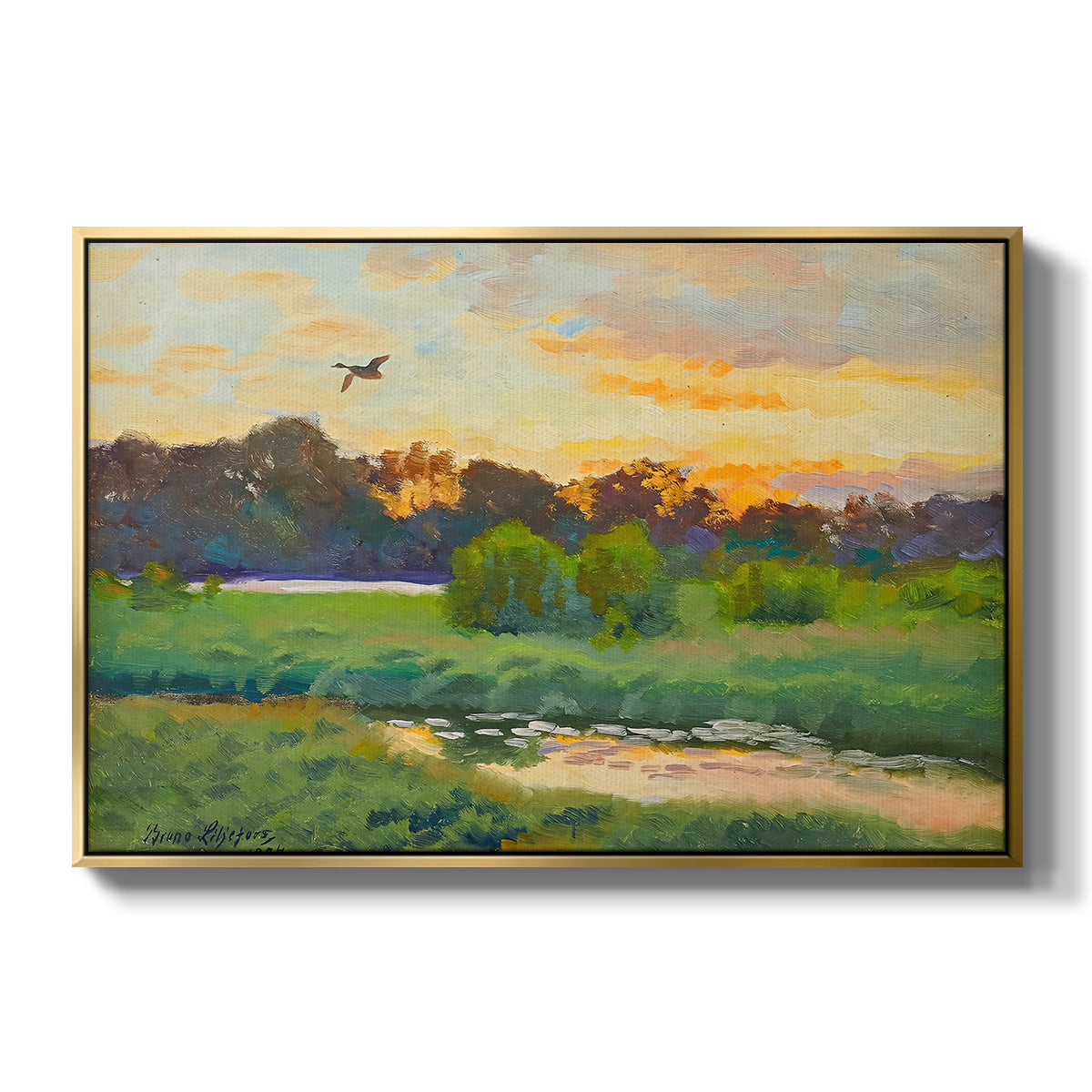 Flying Duck at Sunset, 1924 by Bruno Liljefors in a gold floater framed canvas wall art display.