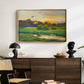 Flying Duck at Sunset, 1924 by Bruno Liljefors displayed in a gold floater framed canvas above a dark wood credenza in an entryway.