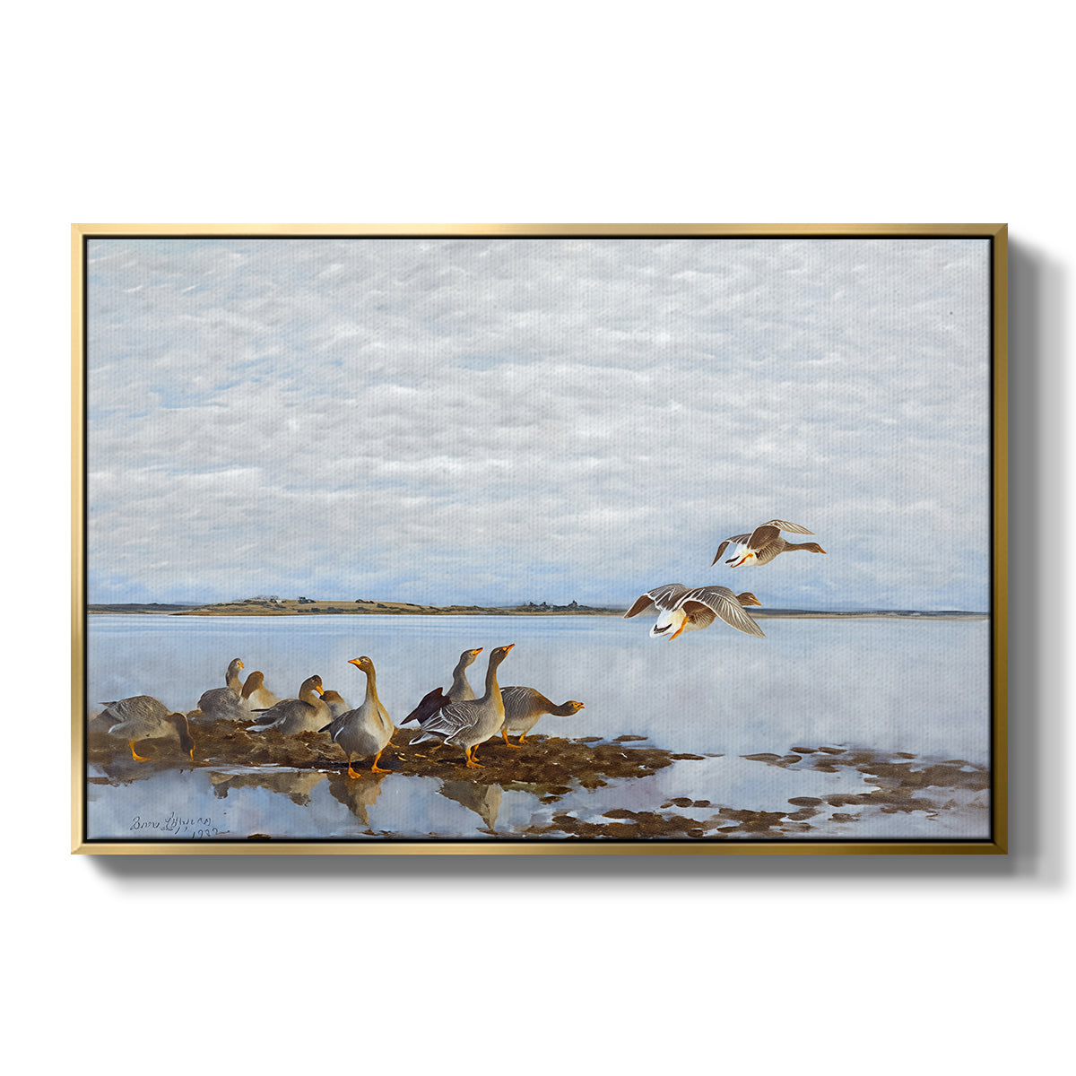 Greylag Geese (Grågäss), 1922 by Bruno Liljefors in a gold floater framed canvas wall art display.