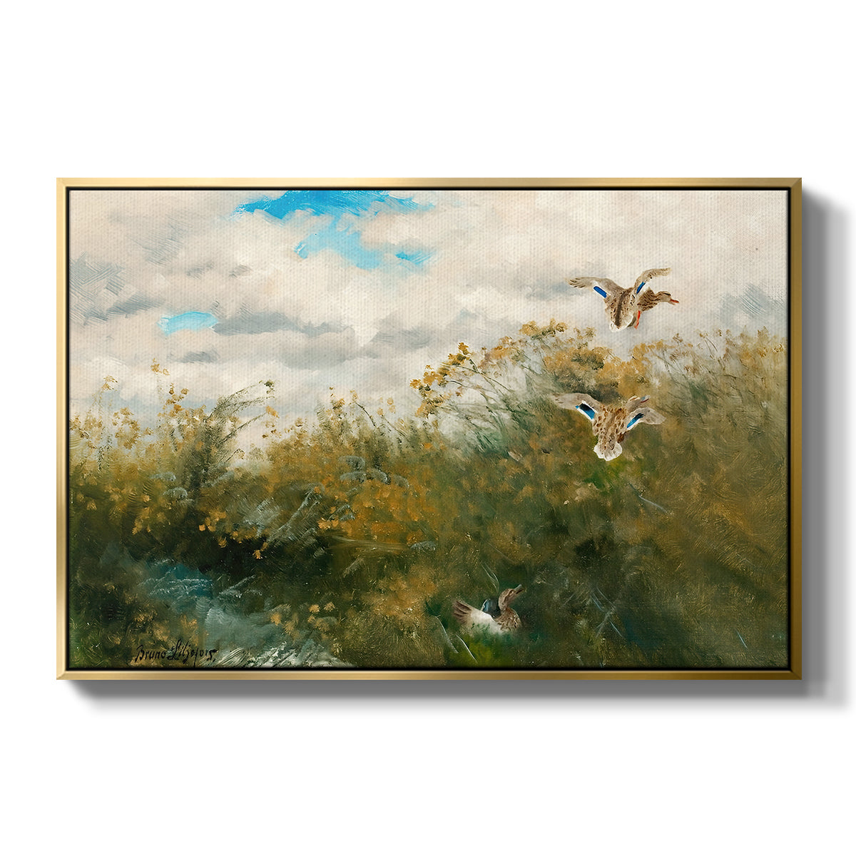 Wild Ducks (Grasänder), 1890 by Bruno Liljefors in a gold floater framed canvas wall art display.