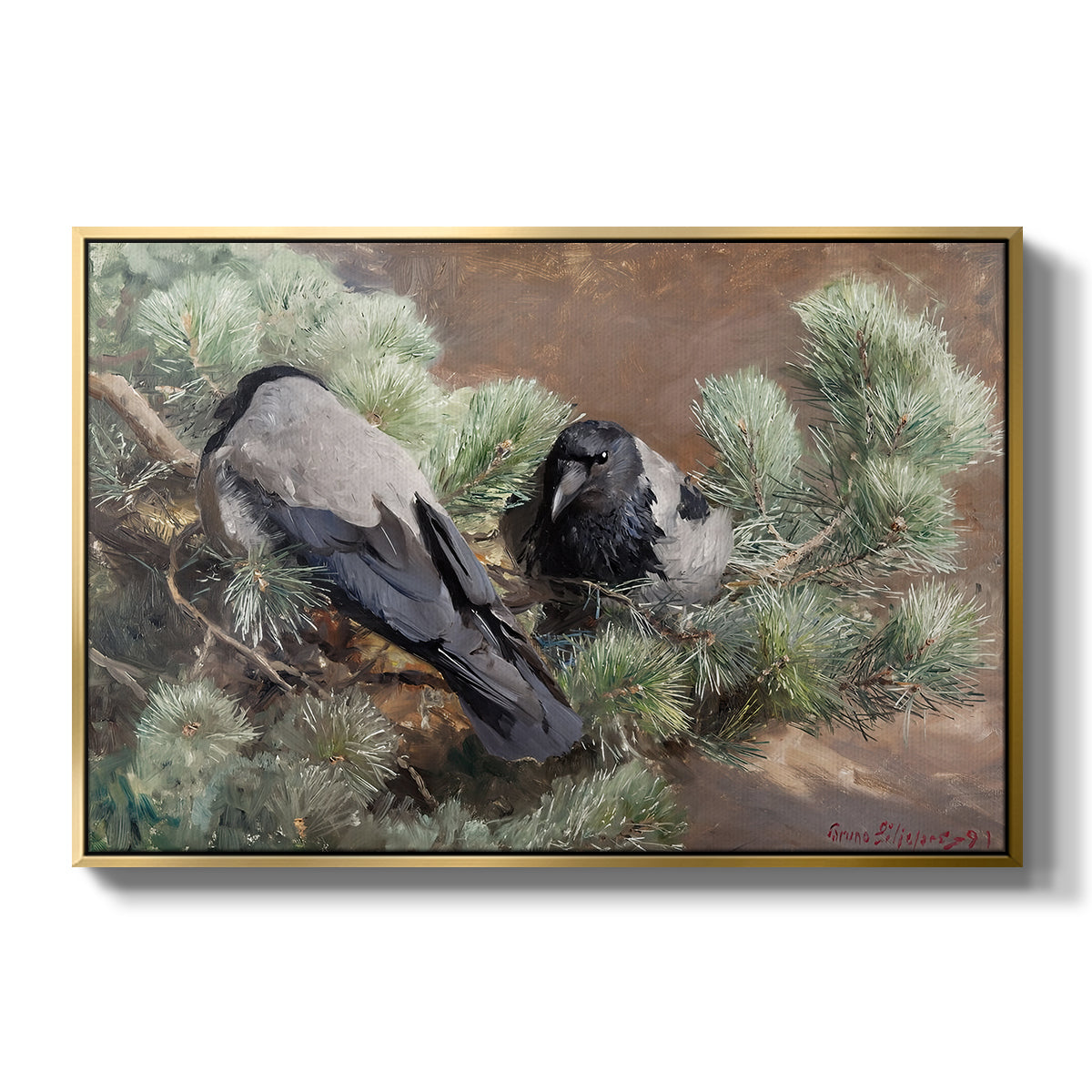 Hooded Crows (Kråkor), 1891 by Bruno Liljefors in a gold floater framed canvas wall art display.