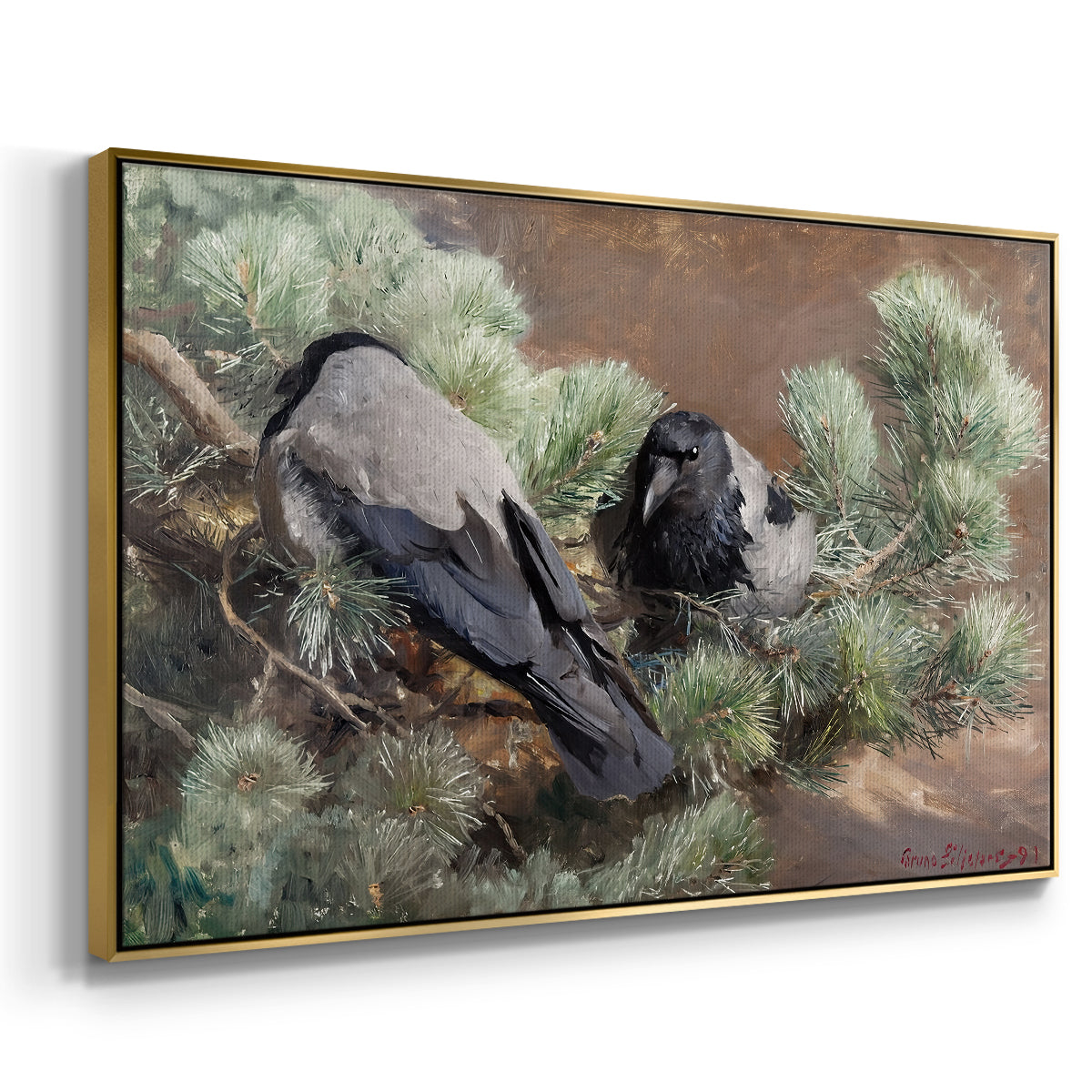Angled view of Hooded Crows (Kråkor), 1891 by Bruno Liljefors in a gold floater framed canvas.