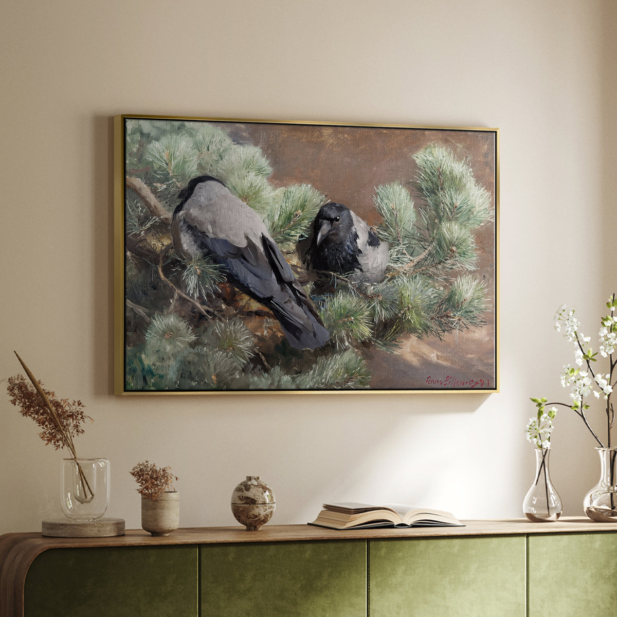 Gold floater framed canvas of Hooded Crows (Kråkor), 1891 by Bruno Liljefors, featuring birds standing alert in natural field environment above a sideboard in a softly lit hallway.