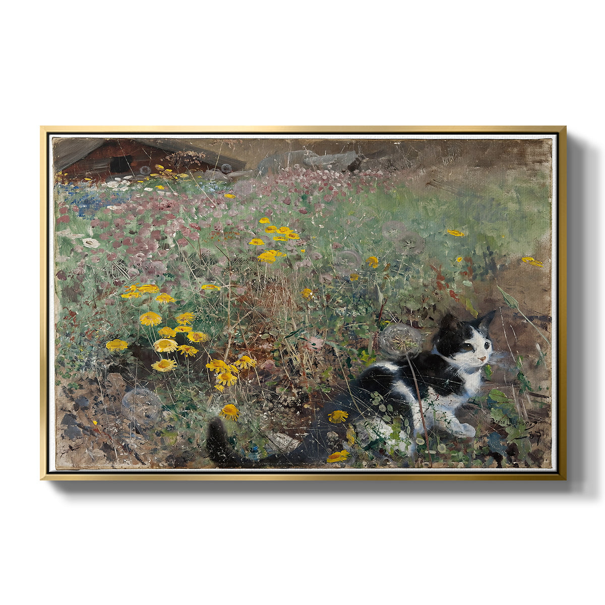 Cat on a Flowery Meadow, 1887 by Bruno Liljefors in a gold floater framed canvas wall art display.