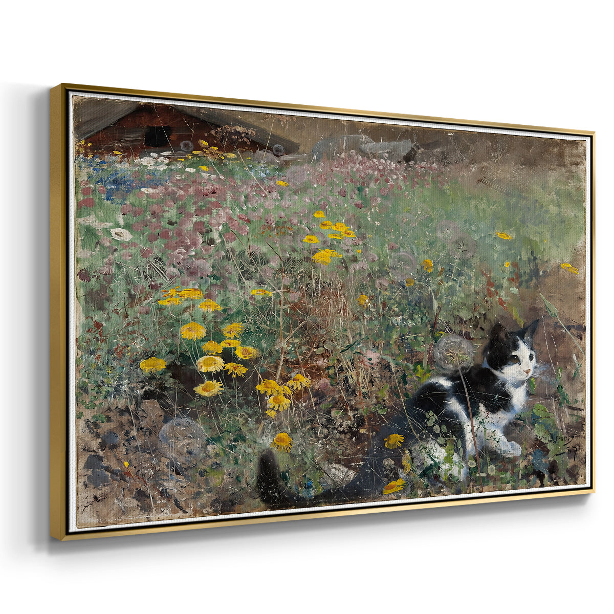 Angled view of Cat on a Flowery Meadow, 1887 by Bruno Liljefors in a gold floater framed canvas.