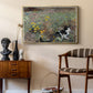 Cat on a Flowery Meadow, 1887 by Bruno Liljefors as a gold floater framed canvas featuring an animal scene of cat hidden in lush meadow vegetation, styled above a mid-century console in a contemporary living area.