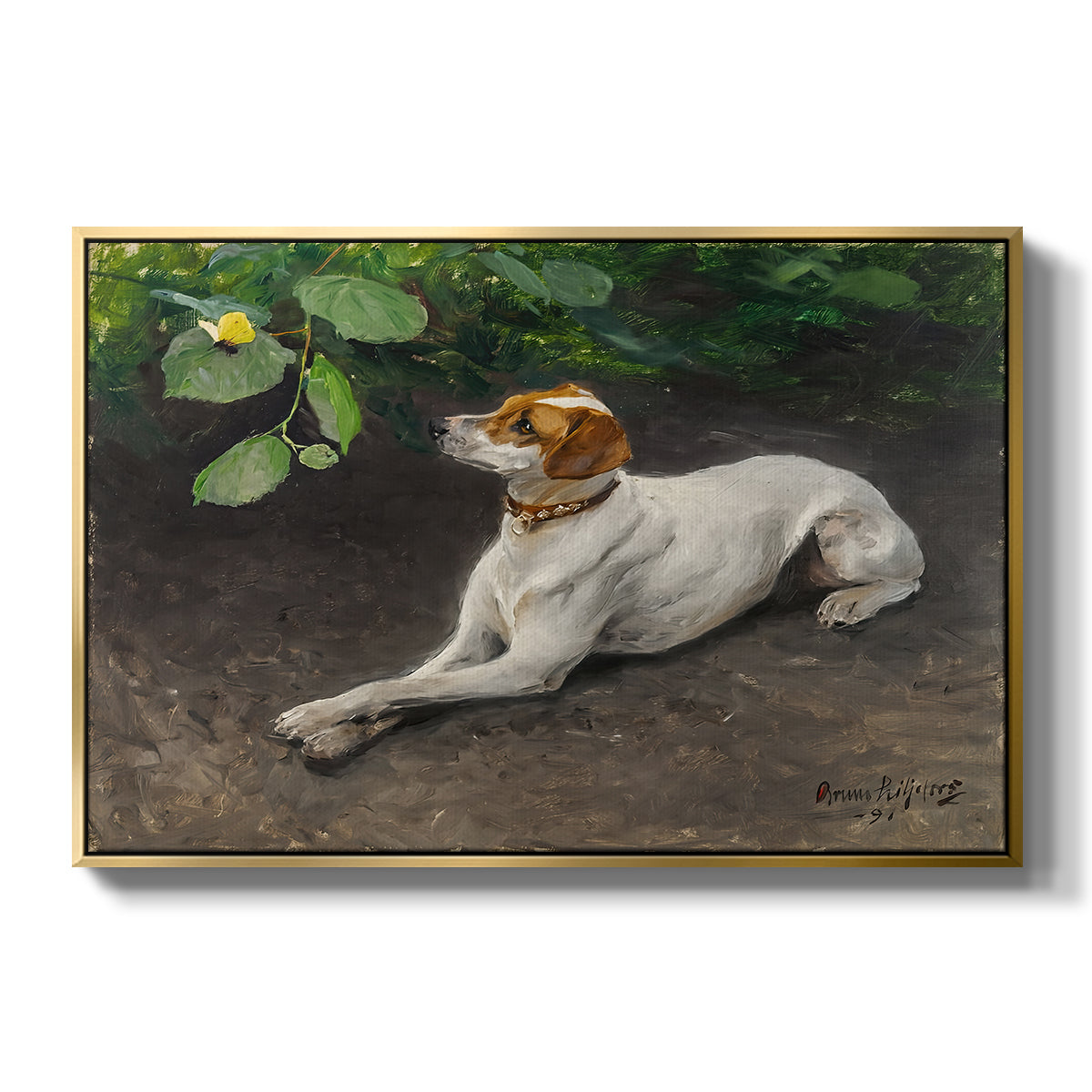 Portrait of a Dog, 1891 by Bruno Liljefors in a gold floater framed canvas wall art display.