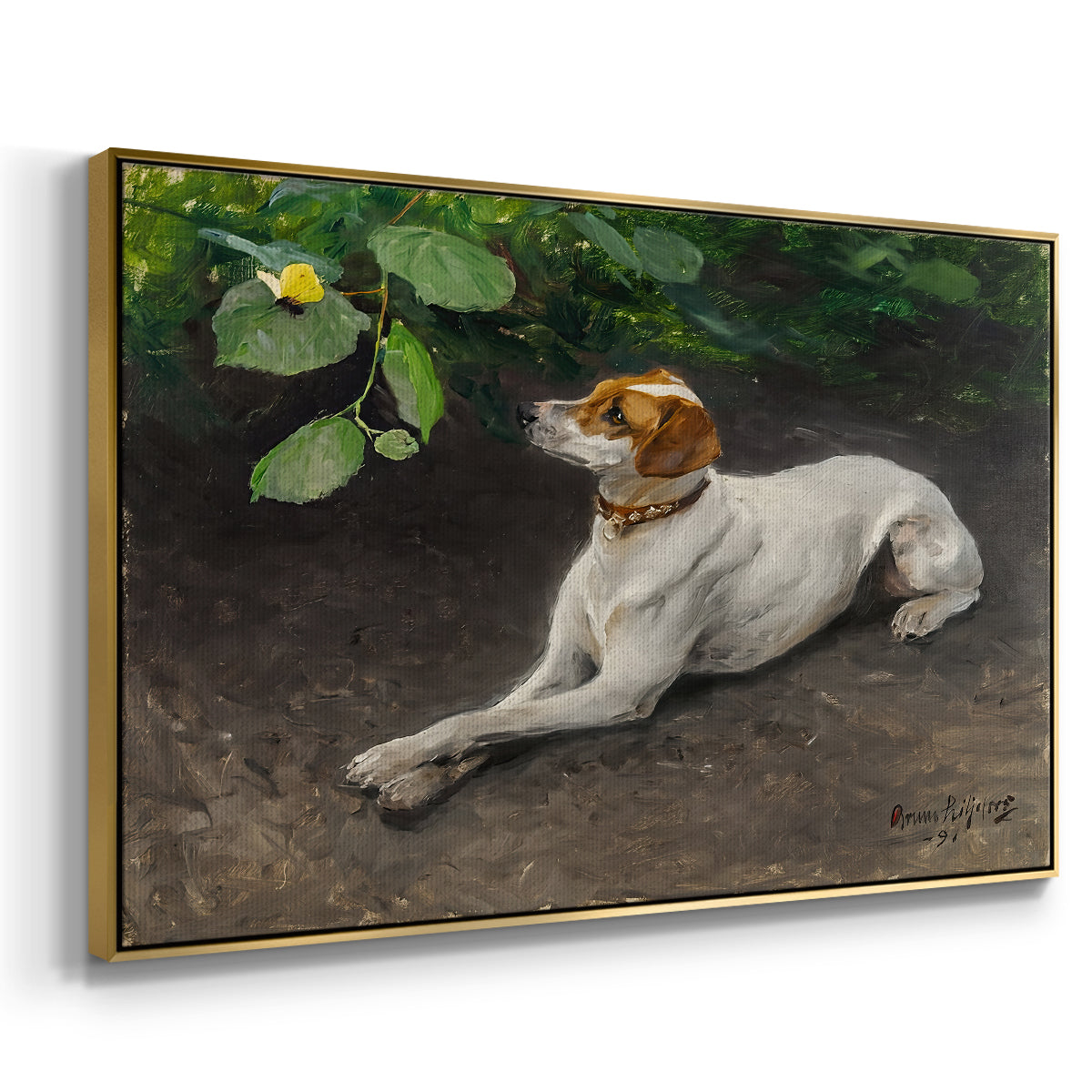 Angled view of Portrait of a Dog, 1891 by Bruno Liljefors in a gold floater framed canvas.