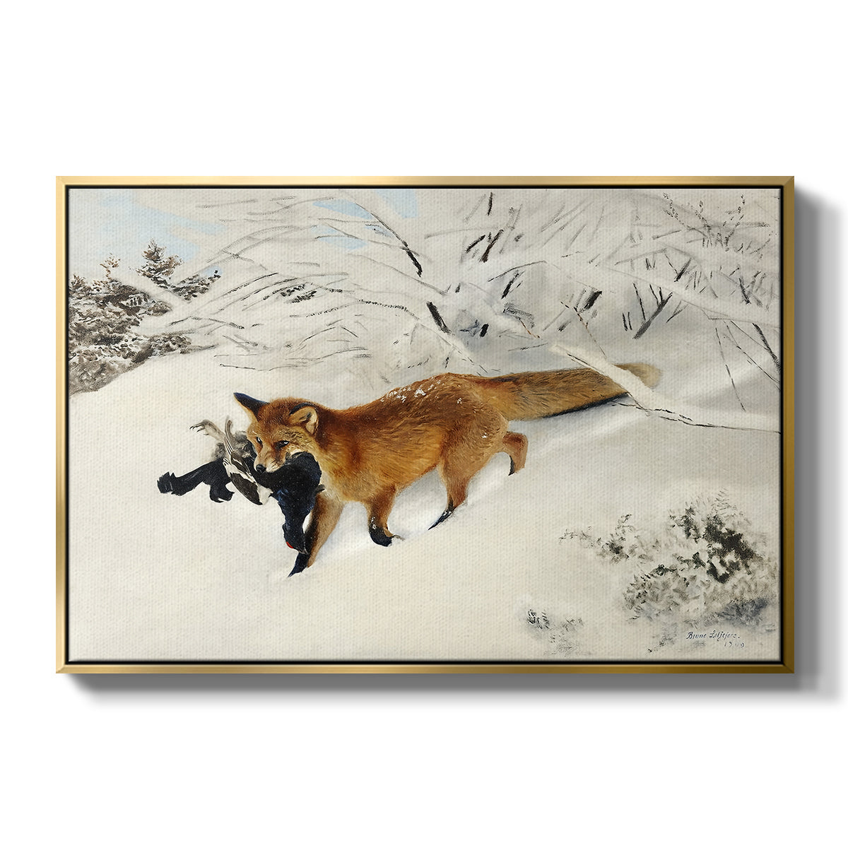 Fox in Snow Landscape, 1900 by Bruno Liljefors in a gold floater framed canvas wall art display.