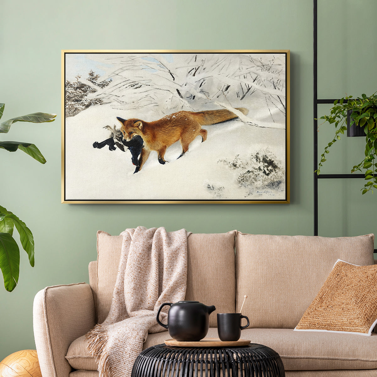 Gold floater framed canvas featuring a dynamic depiction of animal in cold snowy environment, displayed above a sofa in a modern living room.