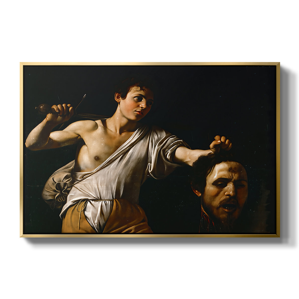 David with the Head of Goliath (Vienna Version), c. 1607 by Caravaggio in a gold floater framed canvas wall art display.
