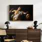 David with the Head of Goliath (Vienna Version), c. 1607 by Caravaggio displayed in a gold floater framed canvas above a dark wood credenza in an entryway.