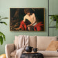 Gold floater framed canvas featuring a contemplative religious figure in rustic wilderness environment, displayed above a sofa in a modern living room.