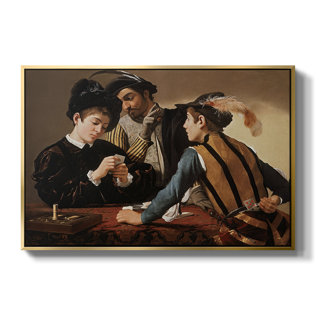The Cardsharps, c. 1594 by Caravaggio in a gold floater framed canvas wall art display.