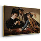 Angled view of The Cardsharps, c. 1594 by Caravaggio in a gold floater framed canvas.