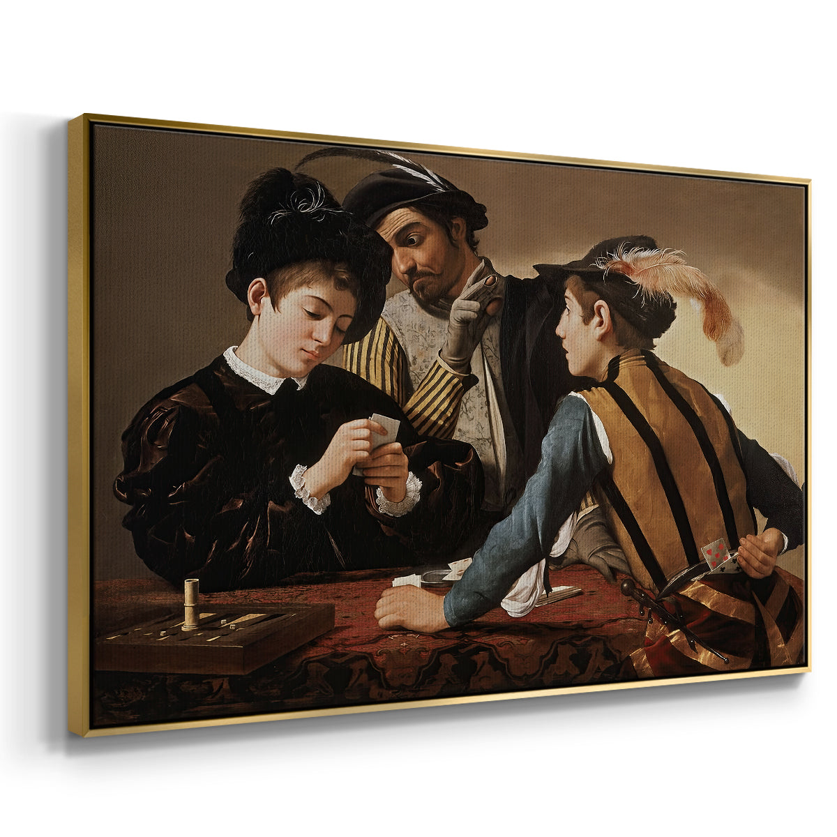 Angled view of The Cardsharps, c. 1594 by Caravaggio in a gold floater framed canvas.