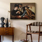 The Cardsharps, c. 1594 by Caravaggio as a gold floater framed canvas featuring a young men playing cards with one cheating and another watching closely, styled above a mid-century console in a contemporary living area.