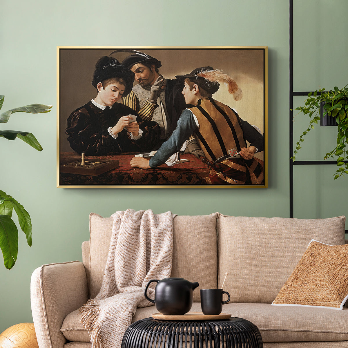Gold floater framed canvas featuring a dramatic interior scene of gambling and trickery among figures, displayed above a sofa in a modern living room.
