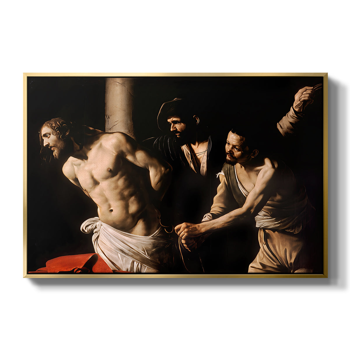 The Flagellation of Christ at the Column (Rouen Version), 1606 by Caravaggio in a gold floater framed canvas wall art display.