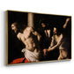 Angled view of The Flagellation of Christ at the Column (Rouen Version), 1606 by Caravaggio in a gold floater framed canvas.