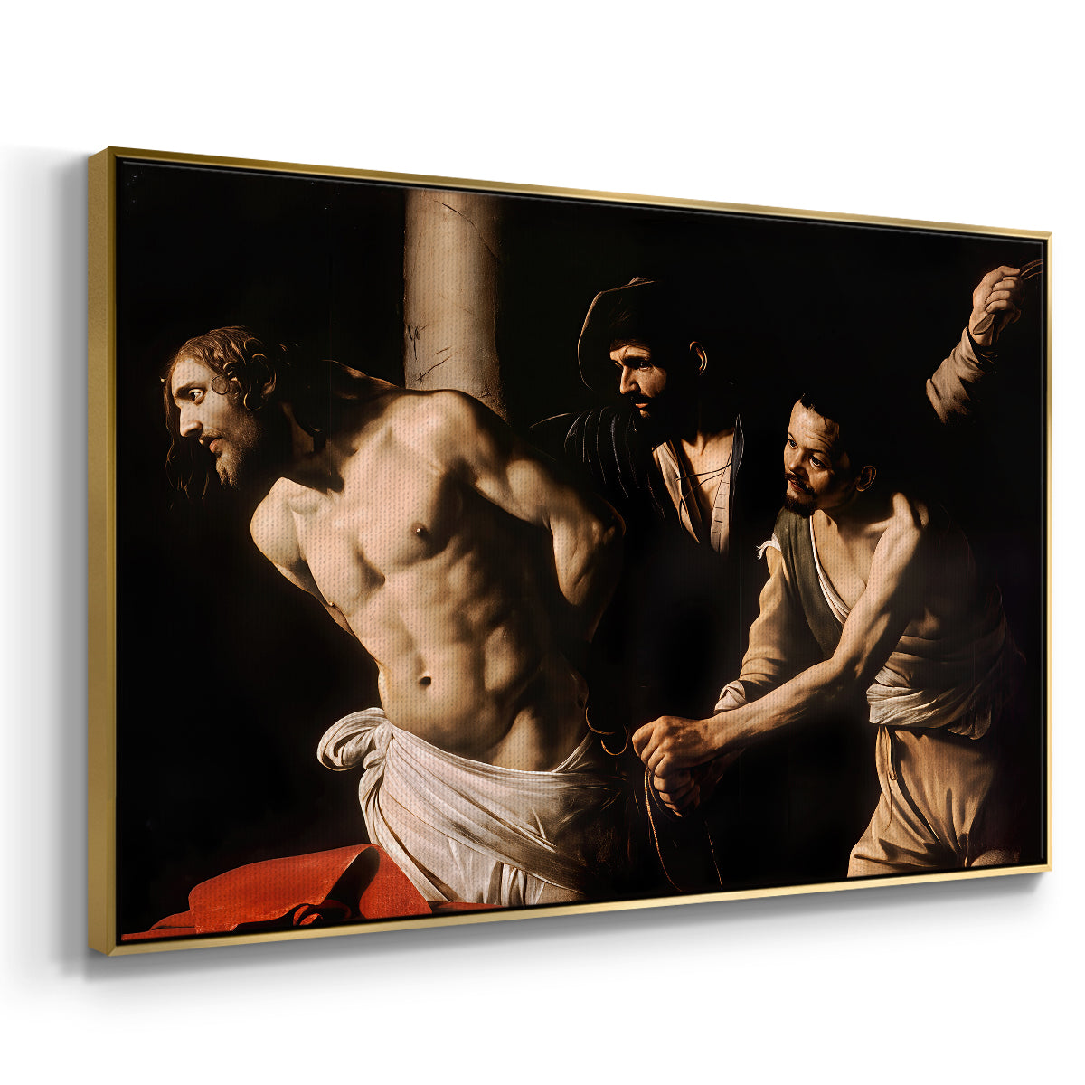 Angled view of The Flagellation of Christ at the Column (Rouen Version), 1606 by Caravaggio in a gold floater framed canvas.