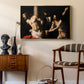 The Flagellation of Christ at the Column (Rouen Version), 1606 by Caravaggio as a gold floater framed canvas featuring a biblical depiction of men whipping Christ tied to pillar, styled above a mid-century console in a contemporary living area.