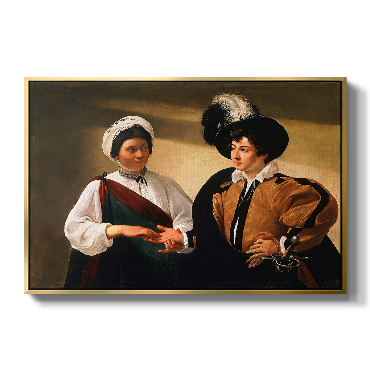 The Fortune Teller (Louvre Version), c. 1595 by Caravaggio in a gold floater framed canvas wall art display.