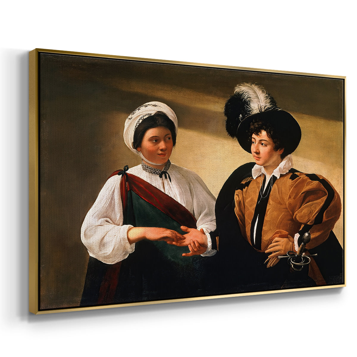Angled view of The Fortune Teller (Louvre Version), c. 1595 by Caravaggio in a gold floater framed canvas.