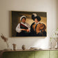 Gold floater framed canvas of The Fortune Teller (Louvre Version), c. 1595 by Caravaggio, featuring a fortune teller examining hand of man as she slyly removes his ring above a sideboard in a softly lit hallway.