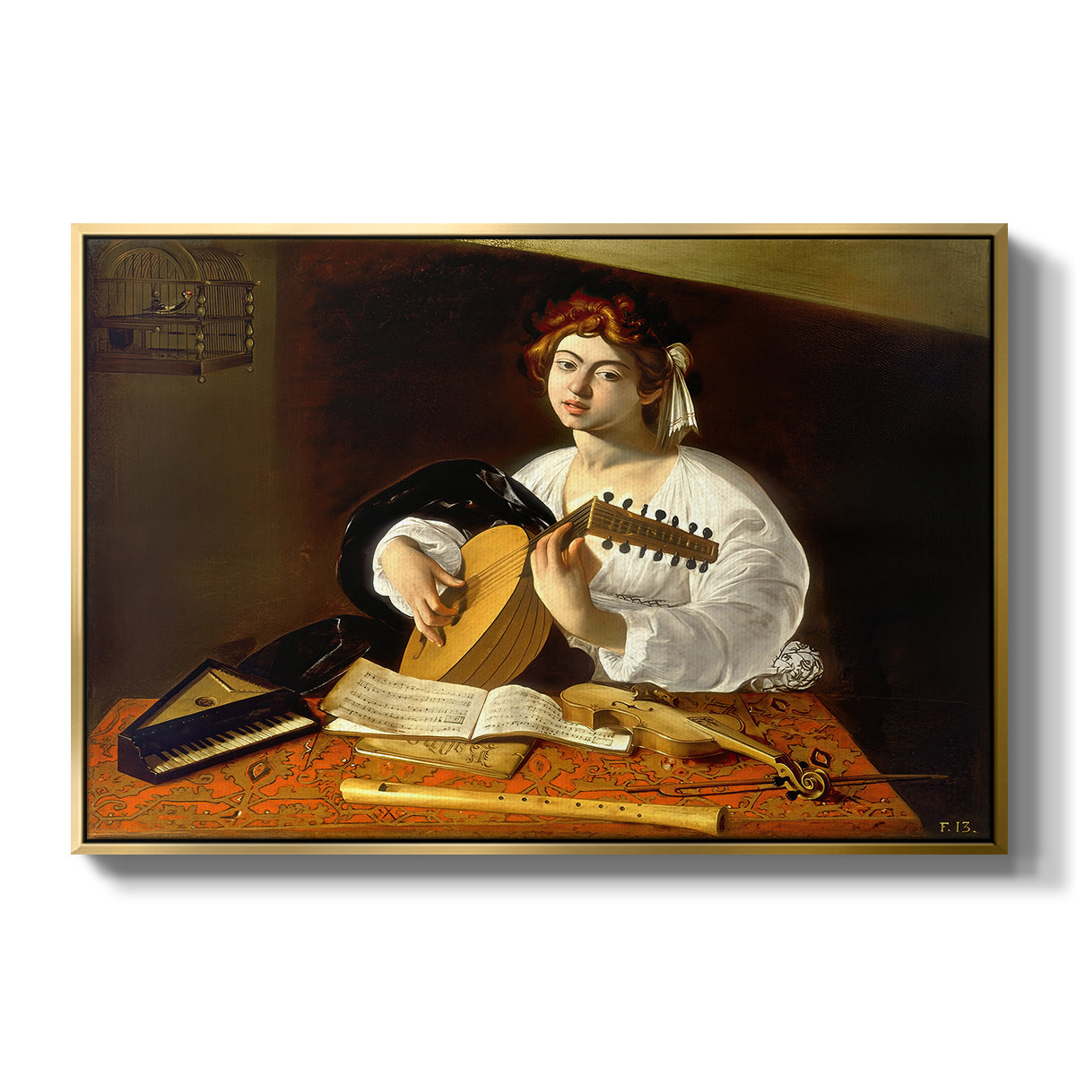 The Lute Player (Wildenstein Version), c. 1596 by Caravaggio in a gold floater framed canvas wall art display.