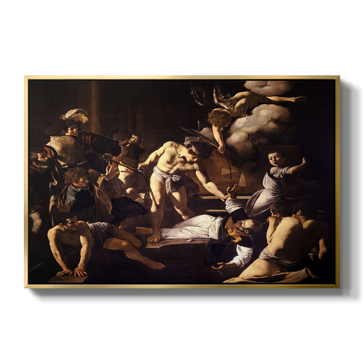 The Martyrdom of Saint Matthew, 1599-1600 by Caravaggio in a gold floater framed canvas wall art display.