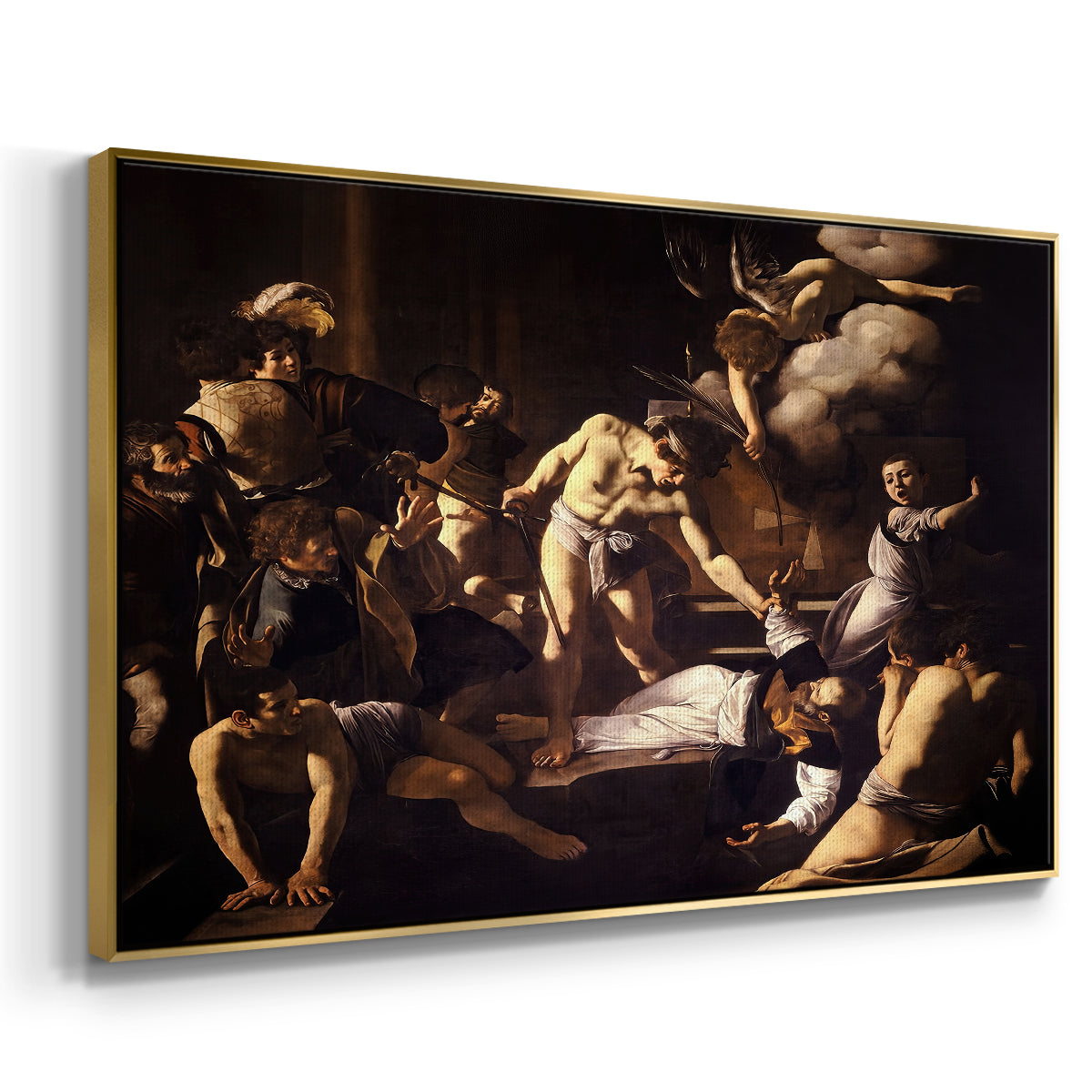 Angled view of The Martyrdom of Saint Matthew, 1599-1600 by Caravaggio in a gold floater framed canvas.