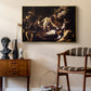 The Martyrdom of Saint Matthew, 1599-1600 by Caravaggio as a gold floater framed canvas featuring a religious narrative showing violent attack on saint in crowded setting, styled above a mid-century console in a contemporary living area.