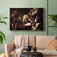 Gold floater framed canvas featuring a Baroque composition of movement and emotion during martyrdom, displayed above a sofa in a modern living room.