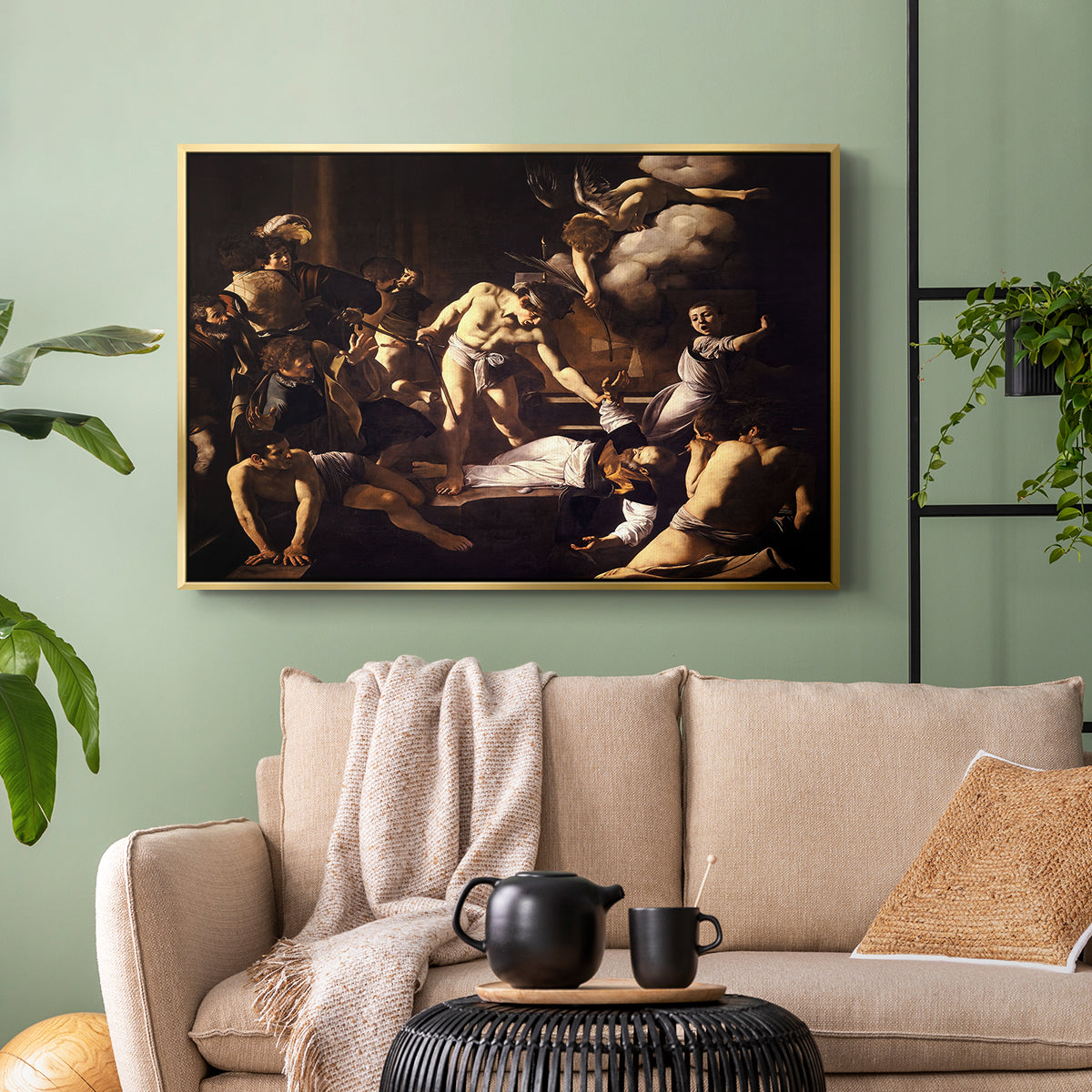 Gold floater framed canvas featuring a Baroque composition of movement and emotion during martyrdom, displayed above a sofa in a modern living room.