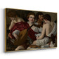 Angled view of The Musicians, c. 1595 by Caravaggio in a gold floater framed canvas.