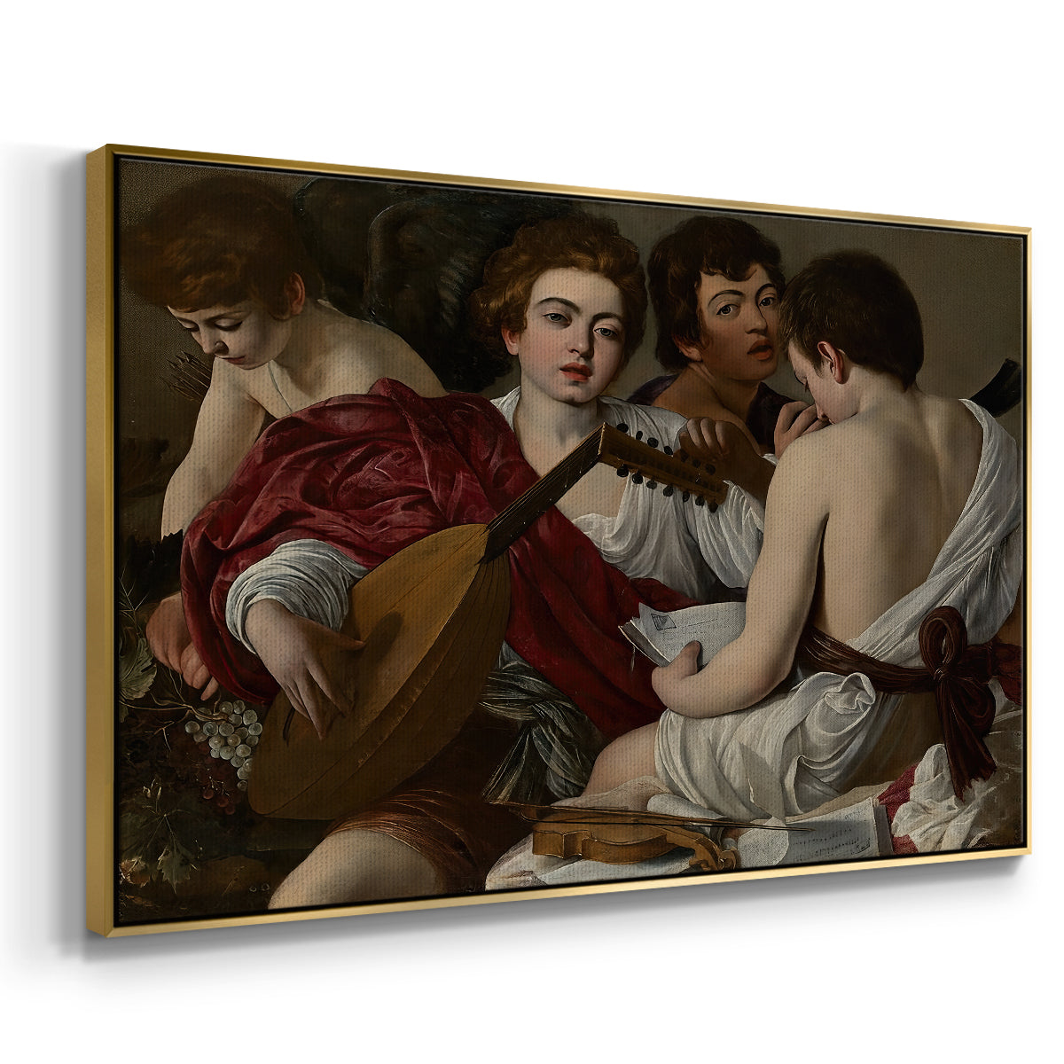 Angled view of The Musicians, c. 1595 by Caravaggio in a gold floater framed canvas.