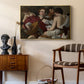 The Musicians, c. 1595 by Caravaggio as a gold floater framed canvas featuring an intimate scene of youths making music with sheet music and instruments, styled above a mid-century console in a contemporary living area.