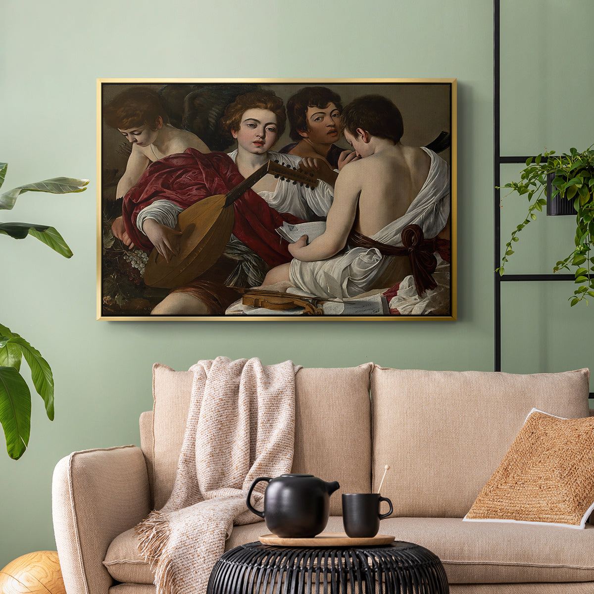 Gold floater framed canvas featuring a musical gathering with figures posed closely in soft light, displayed above a sofa in a modern living room.