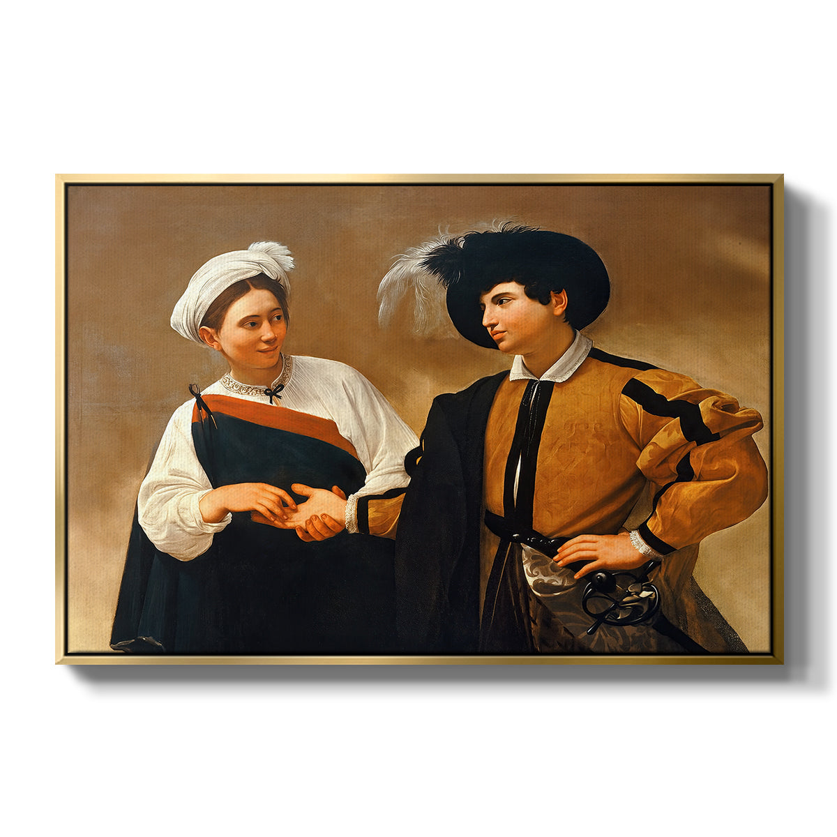 The Fortune Teller (Capitoline Version), c. 1599 by Caravaggio in a gold floater framed canvas wall art display.