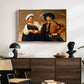 The Fortune Teller (Capitoline Version), c. 1599 by Caravaggio displayed in a gold floater framed canvas above a dark wood credenza in an entryway.