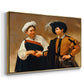 Angled view of The Fortune Teller (Capitoline Version), c. 1599 by Caravaggio in a gold floater framed canvas.
