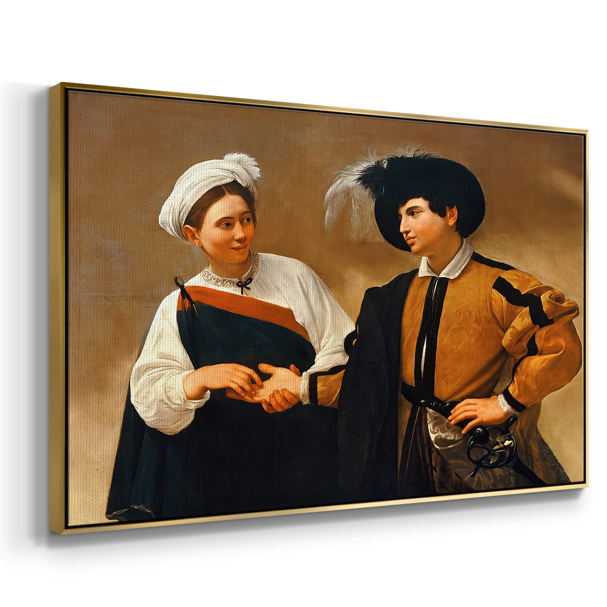 Angled view of The Fortune Teller (Capitoline Version), c. 1599 by Caravaggio in a gold floater framed canvas.
