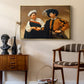 The Fortune Teller (Capitoline Version), c. 1599 by Caravaggio as a gold floater framed canvas featuring a close interaction between two figures involving deception and gesture, styled above a mid-century console in a contemporary living area.
